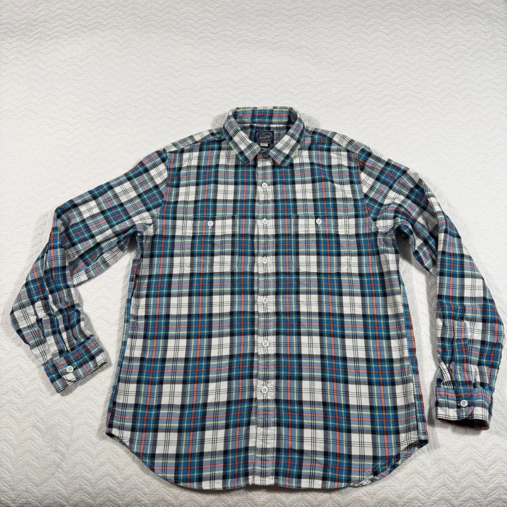 J Crew Men's Plaid Flannel Long Sleeve Button Up Shirt Size L Blue White Red EUC